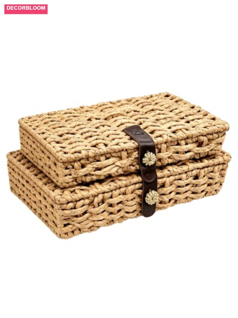 Handwoven Water Hyacinth Storage Basket Set of 2 with Lids Metal Frame
